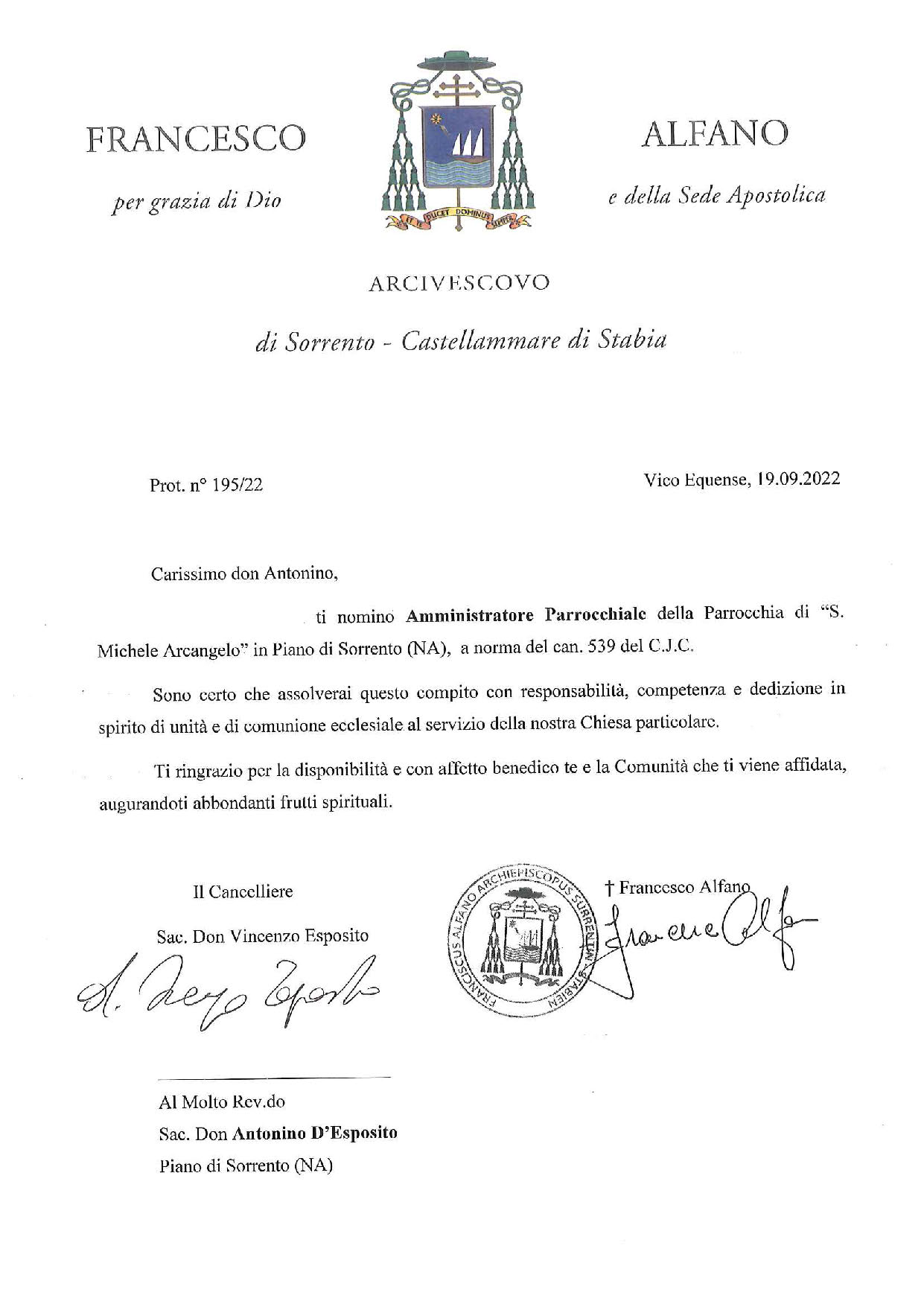 Amministratore Parrocchiale San Michele Arcangelo, Piano di Sorrento